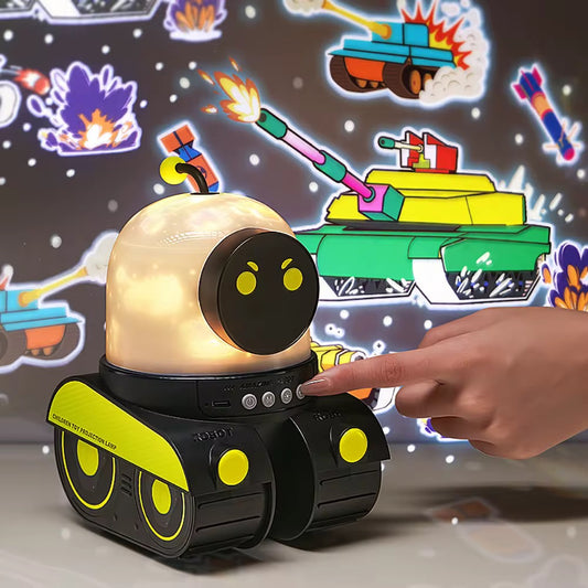 Proyector Robot, Musica Parlante, Recargable por USB, Lámpara LED Giratoria con Estrellas de Colores